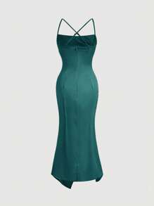 SHEIN Belle High Slit & Asymmetrical Hem & Ruched Detail Spaghetti Strap Dress - Dark Green - View 8
