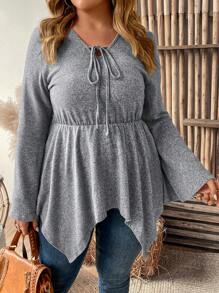 SHEIN LUNE 大尺碼打結領口泡泡袖不對稱下擺荷葉邊t恤 - 藍色 - 查看 3