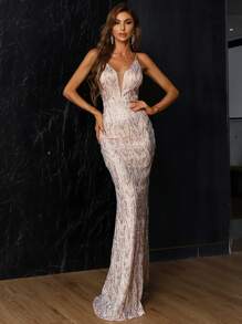 Elisanya Váy dạ hội sequin khóa kéo lưới tương phản, váy dạ hội trang trọng, dành cho khách dự tiệc cưới, tốt nghiệp, tiệc tối, váy dự tiệc - Rượu sâm banh - Xem 1