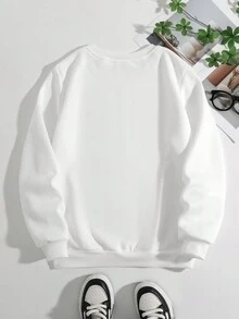 SHEIN EZwear 卡通微笑臉圖案圓領休閒運動衫 - 白色 - 查看 2