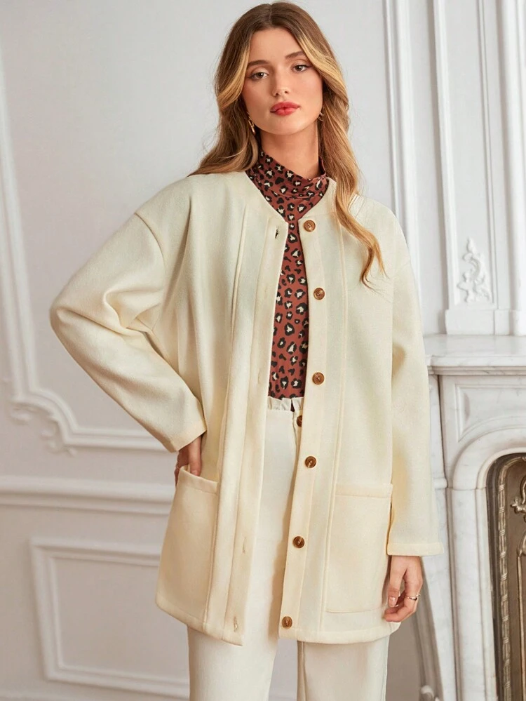 Women'S Solid Color Drop Shoulder Coat With Double Pockets Winter Casual
