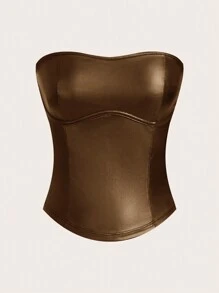 SHEIN EZwear 針織/貼身無肩帶彈性皮革上衣 - 棕色 - 查看 1