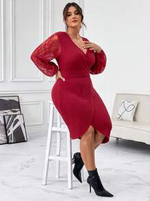 SHEIN Privé 大尺碼女性v領花邊拼接連身裙,配有燈籠袖 - 紅色 - 查看 5