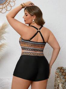 SHEIN Swim Curve Summer Beach Plus Size Geometric Print Criss-Cross Back Bikini Set Suit - Multicolor - View 2