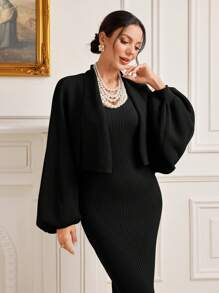 Modelyn 2pcs/Set Patchwork Edge Detail Bodycon Dress And Knitted Cardigan 2 Piece Set - Black - View 6