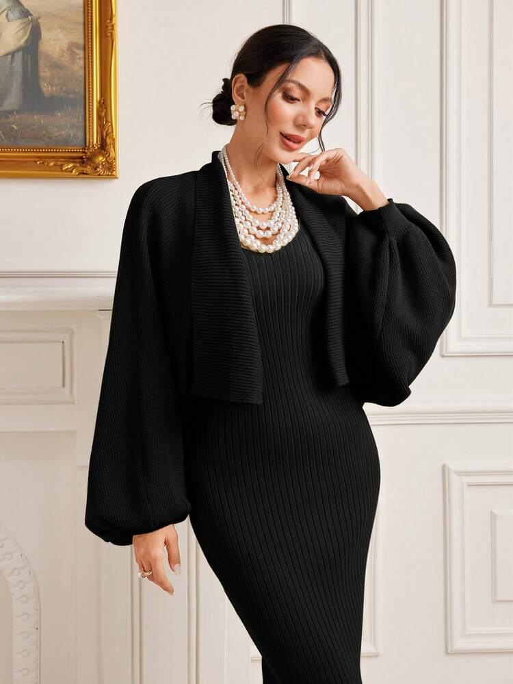 2pcs/Set Patchwork Edge Detail Bodycon Dress And Knitted Cardigan 2 Piece Set