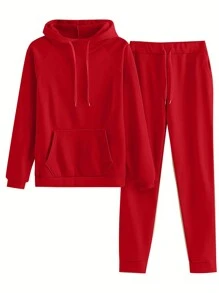 INAWLY Conjunto De Dos Piezas Para Mujer Con Sudadera Con Capucha Y Pantalón Deportivo Con Cordón De Color Sólido - Rojo - Ver 5