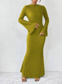 SHEIN Unity 纯色美人鱼下摆喇叭袖长裙女装 - 綠色 - 查看 4
