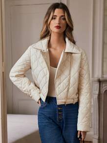 SHEIN Frenchy 菱形格纹压花拉链衬垫大衣 - 米色 - 查看 6