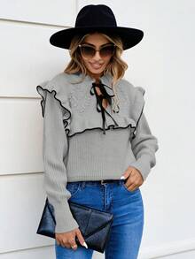 SHEIN Cottnline Women's Color Block Sweater With Ruffle Edge, Border Trim, Wide Strap Tie Neck - Grey - View 5