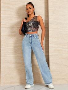 Straight Leg Jeans With Raw Hem Edge - Light Wash - View 3