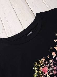 INAWLY Women's Dandelion And Butterfly Pattern Printed Short Sleeve T-Shirt Graphic Tees Women Tops