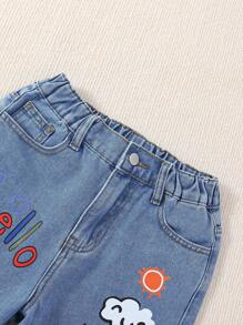 Tween Girl Cartoon Letter Printed Ripped Jeans - Light Wash - View 4