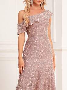 Asymmetrical Shoulder Sequin Asymmetrical Hem Party Dress - Khaki - View 7