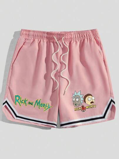 Rick and Morty | ROMWE Men's Cartoon Printed Striped Trim Basketball Shorts, School