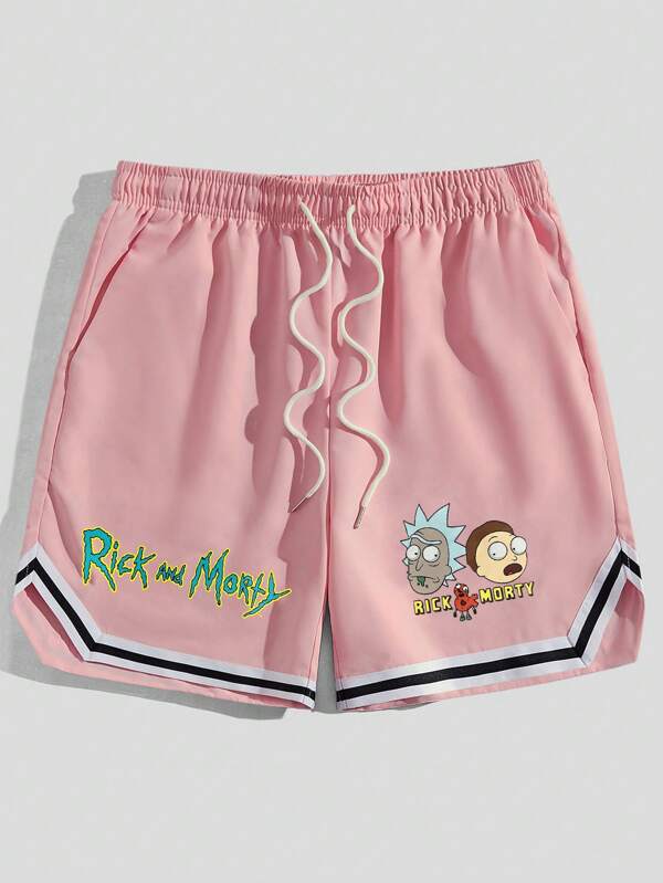 ROMWE MEN Rick and Morty | ROMWE Men's Cartoon Printed Striped Trim Basketball Shorts, School