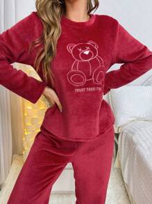 Bear & Letter Embroidery Flannel PJ Set / Fluffy Pajama Set Cozy And Elegant Details, Fall Winter Clothes