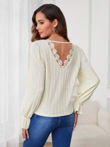 SHEIN Clasi Women's Lace Patchwork V-neck Texture T-shirt - Apricot - View 1