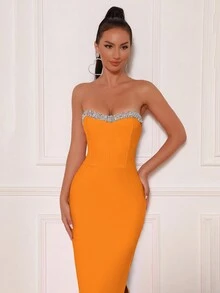 Modphy Đầm maxi cúp ngực, xẻ cao đến đùi, đính đá lấp lánh, thích hợp làm đầm phù dâu cho đám cưới và tiệc tùng. - trái cam - Xem 4