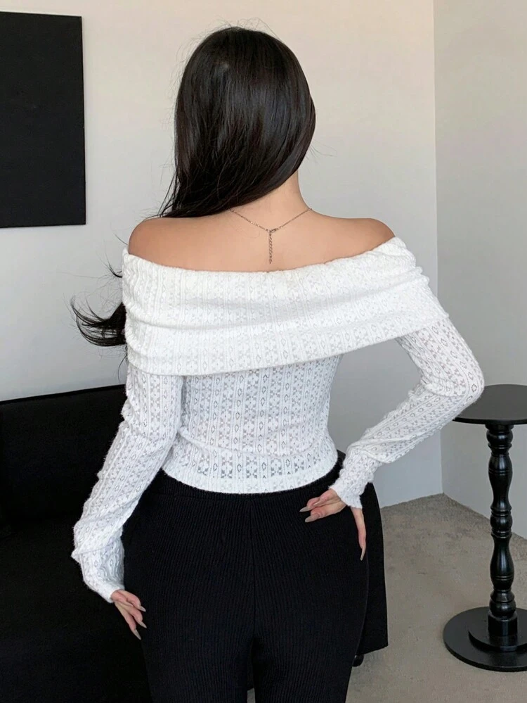 Solid Color Off-Shoulder Cropped T-Shirt,Off Shoulder Top Long Sleeve Women Tops,Fall Women Clothes