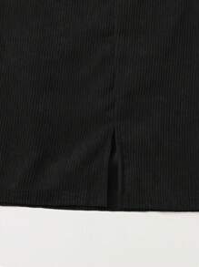 SHEIN LUNE Plain Corduroy Casual A-Line Skirt, Spring/Autumn - Black - View 3