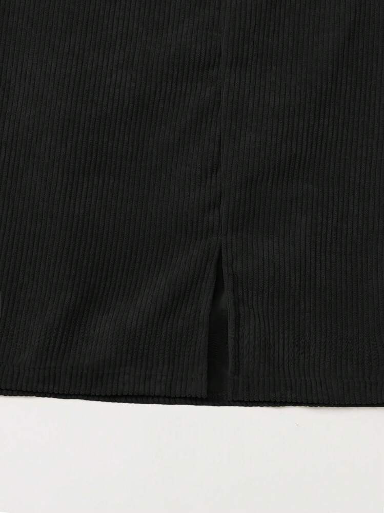 SHEIN LUNE Plain Corduroy Casual A-Line Skirt, Spring/Autumn - Black - View 3