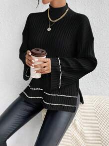 LanaWest 拼色条纹开叉侧立领毛衣，长袖上衣