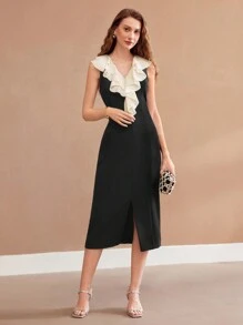 MOTF PREMIUM 编织女式撞色荷叶边开衩下摆连衣裙，情人节装 - 黑色 - 查看 8