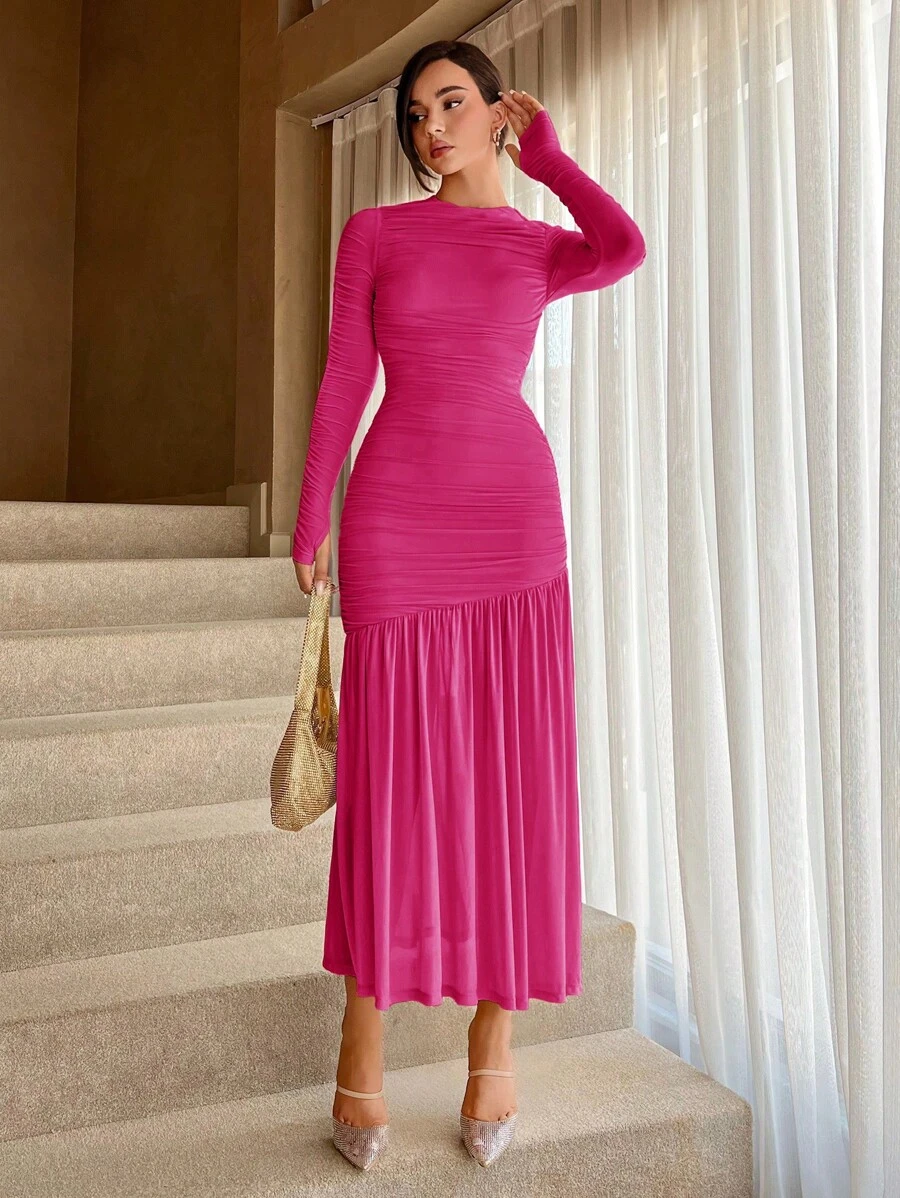 Aloruh Robe plissée avec ourlet à volants - Rose vif - Voir 1