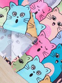 SHEIN Vestido De Manga Abullonada Con Patrón De Gato Lindo Tejido Para Niñas Pequeñas - Multicolor - Ver 5