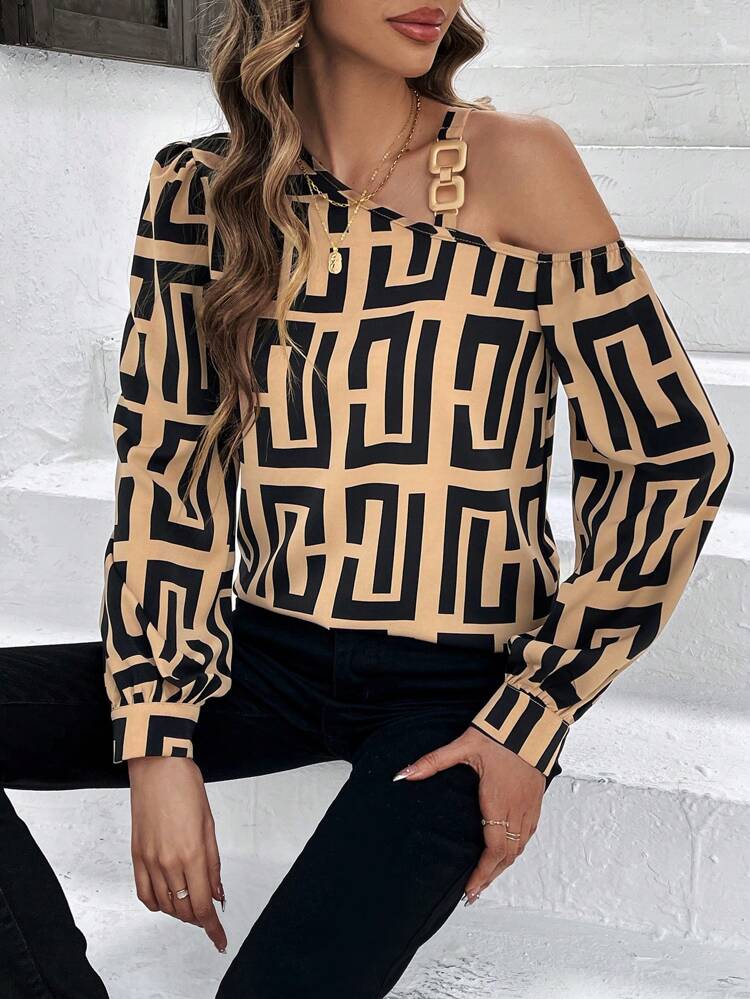 Women's All-Over Printed Asymmetrical Collar Shirt Fall Cloth For Women