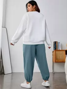 SHEIN EZwear 女士字母印花針織運動衫和運動褲套裝 - 霧霾藍 - 查看 2