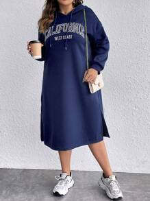 SHEIN LUNE 大尺碼文字印花連帽衛衣連身裙 - 藏蓝色 - 查看 1