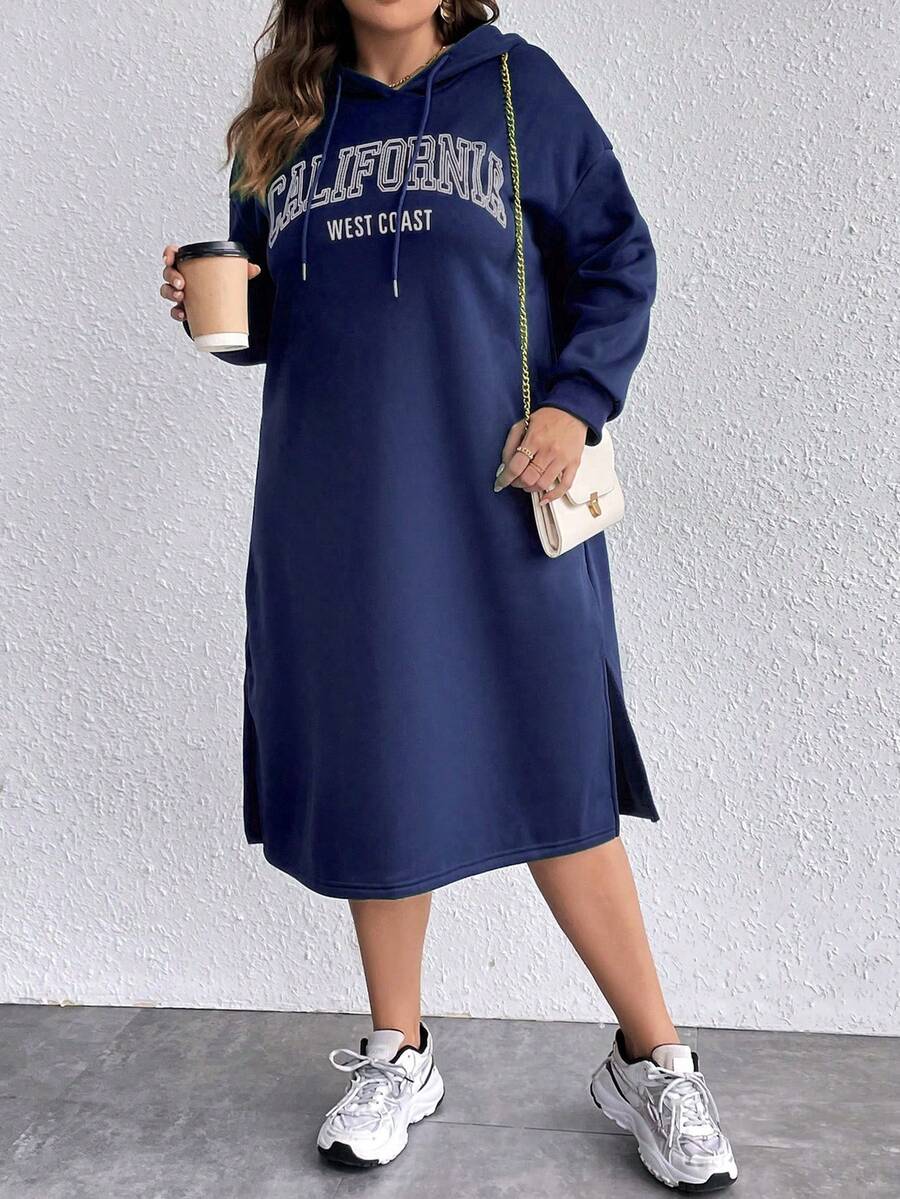 SHEIN LUNE 大尺碼文字印花連帽衛衣連身裙 - 藏蓝色 - 查看 1