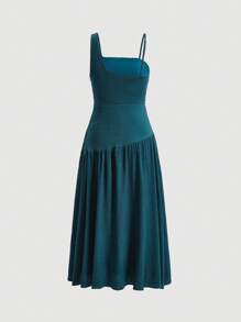 SHEIN MOD 素色不對稱領褶邊荷葉邊洋裝 - 軍綠色 - 查看 2