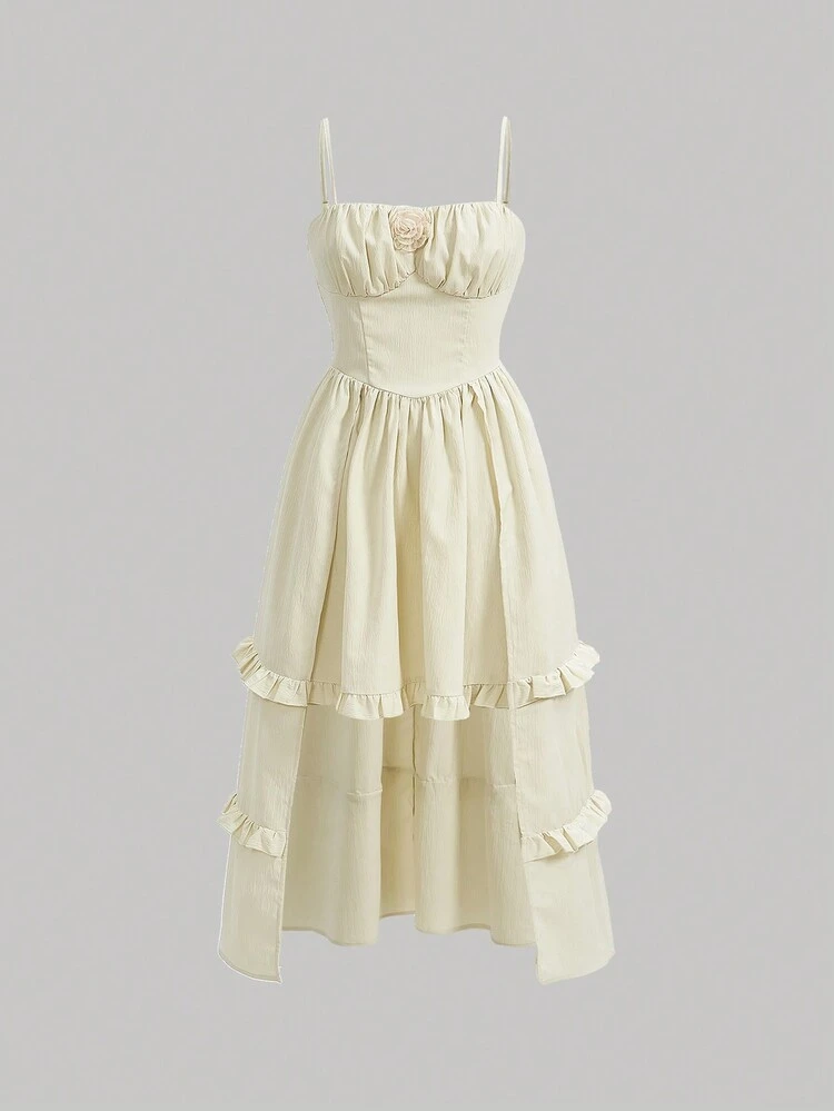 Women's Solid Color 3d Flower Design Ruffle Hem Spaghetti Strap Dress