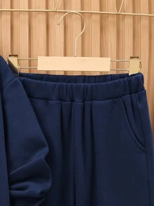 SHEIN 男童拼貼細節運動衫和慢跑褲套裝 - 藏蓝色 - 查看 3