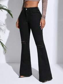 SHEIN Pantalones Vaqueros Acampanados Y Desgastados Con Agujeros Rasgados Para Mujer - Negro - Ver 6