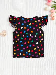 SHEIN 小女孩愛心印花荷葉邊背心上衣 - 彩色 - 查看 2