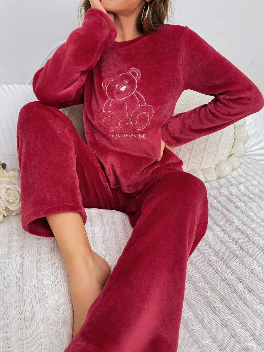 Bear & Letter Embroidery Flannel PJ Set / Fluffy Pajama Set Cozy And Elegant Details, Fall Winter Clothes