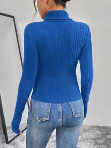 SHEIN Essnce Women's High Neck Ribbed Knit T-Shirt - Royal Blue - View 2