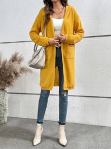 SHEIN LUNE 雙口袋垂肩長袖連帽開衫 - 黃色 - 查看 3