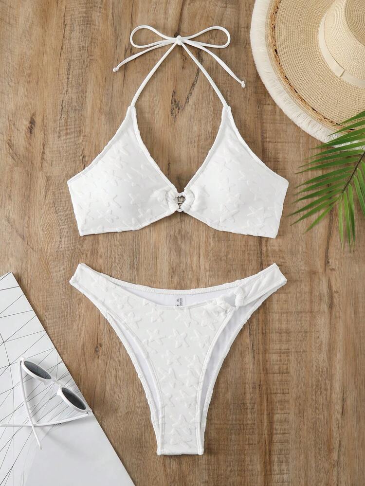 Solid Color Halter Neck Backless Two-Piece Bikini Set Summer Beach