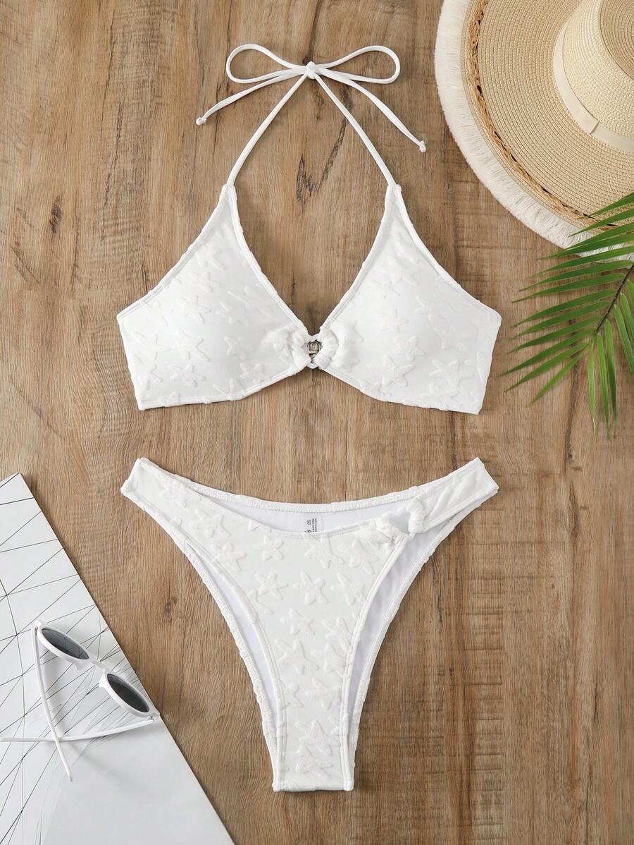 SHEIN Swim Solid Color Halter Neck Backless Two-Piece Bikini Set Summer Beach