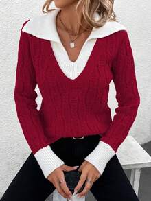 SHEIN Frenchy Của phụ nữ Khối màu Collared Áo chui đầu Áo len - Màu Đỏ Sâu - Xem 6