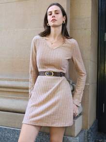 SHEIN Frenchy Solid V-Neck Tee Dress Winter Casual - Coffee - View 3