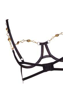 Conjunto De Lencería Sexy Ahuecado Decorado Con Cadena Sin Bragas - Negro - Ver 4
