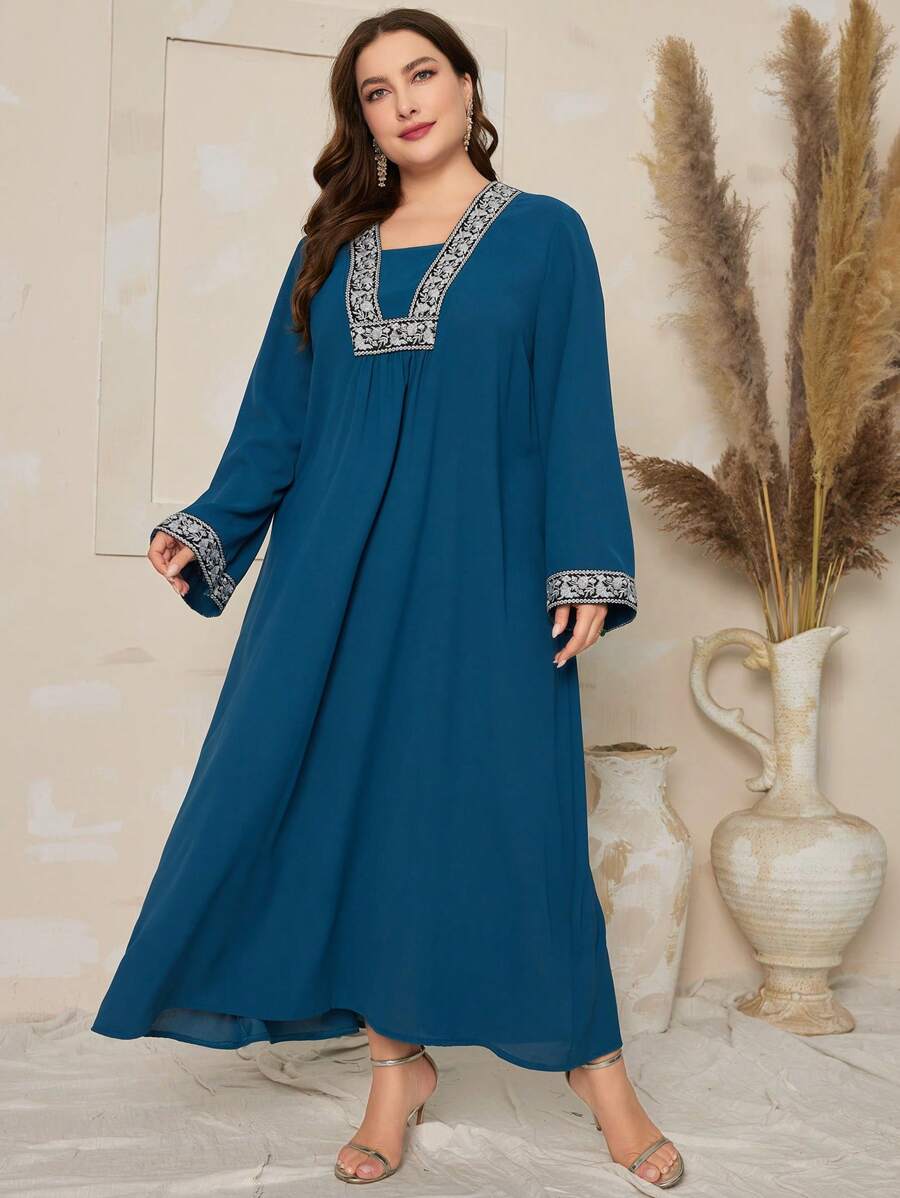 Al Najma Kích thước lớn Tay áo chuông Đầm Với Thêu hoa Chi tiết - Màu xanh ngọc - Xem 1