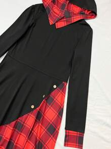 SHEIN LUNE 女士格紋拼接扣細節扭結連帽毛衣裙 - 黑色 - 查看 5