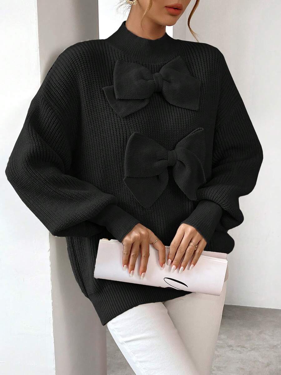 SHEIN Privé Trang trí nút Thả vai Tay áo Áo len - màu đen - Xem 1